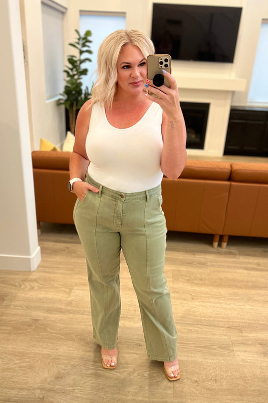 Phoebe High Rise Front Seam Straight Jeans in Sage (Online Exclusive)