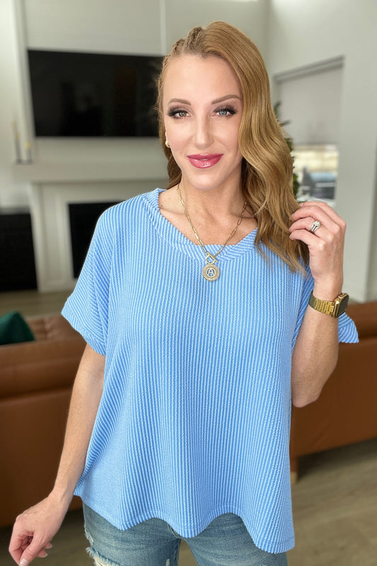 Textured Line Twisted Short Sleeve Top in Sky Blue (Online Exclusive)