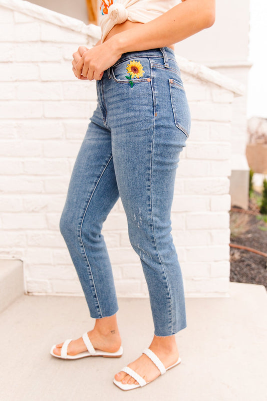 Hi-Rise Relaxed Sunflower Embroidery Jeans (Online Exclusive)