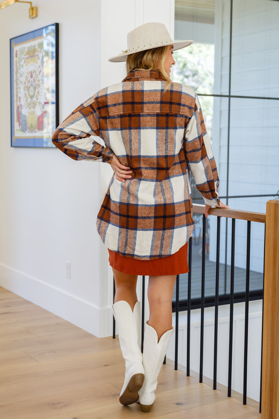 Jayne Brushed Plaid Button Down Shacket In Brown (Online Exclusive)
