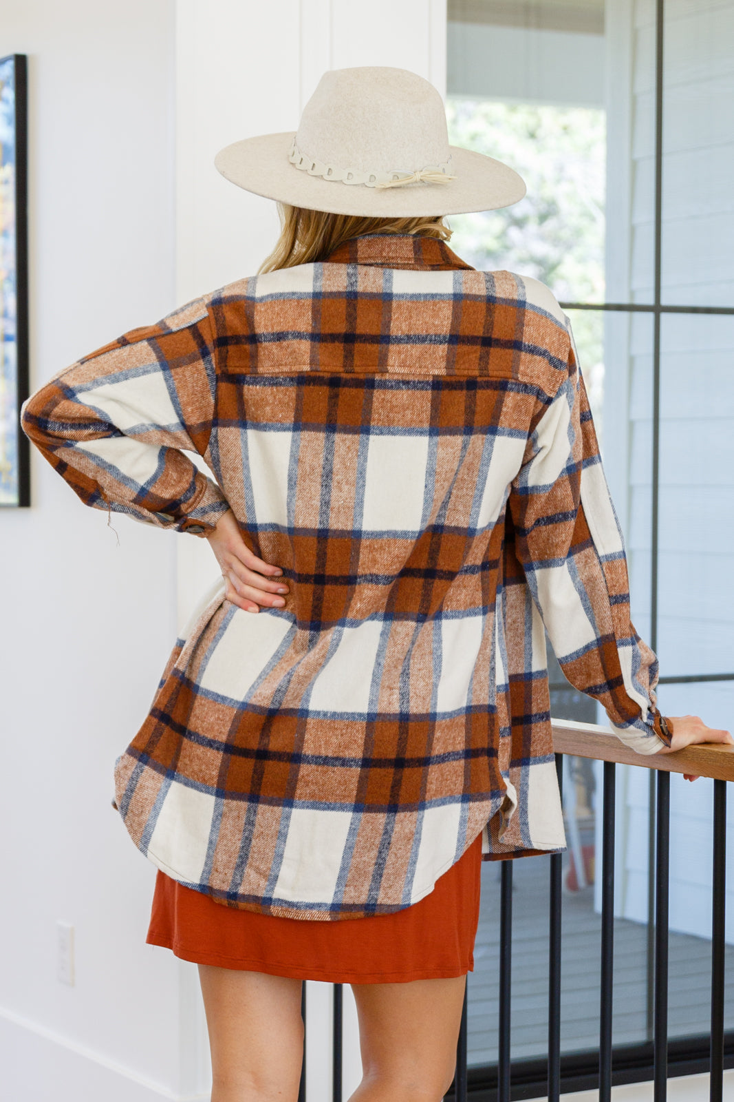 Jayne Brushed Plaid Button Down Shacket In Brown (Online Exclusive)