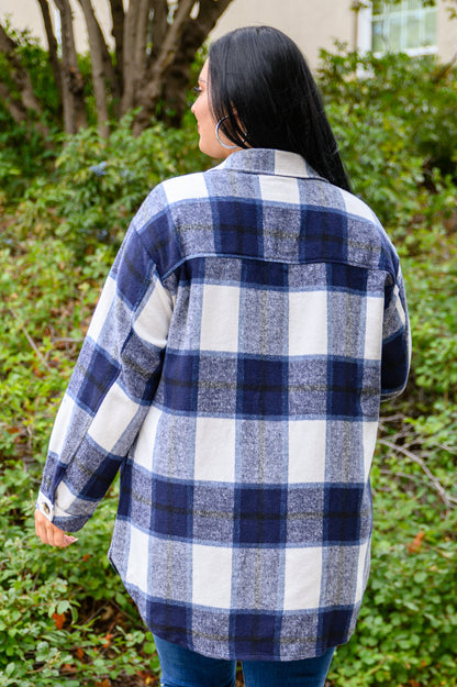 Jayne Brushed Plaid Button Down Shacket In Navy (Online Exclusive)