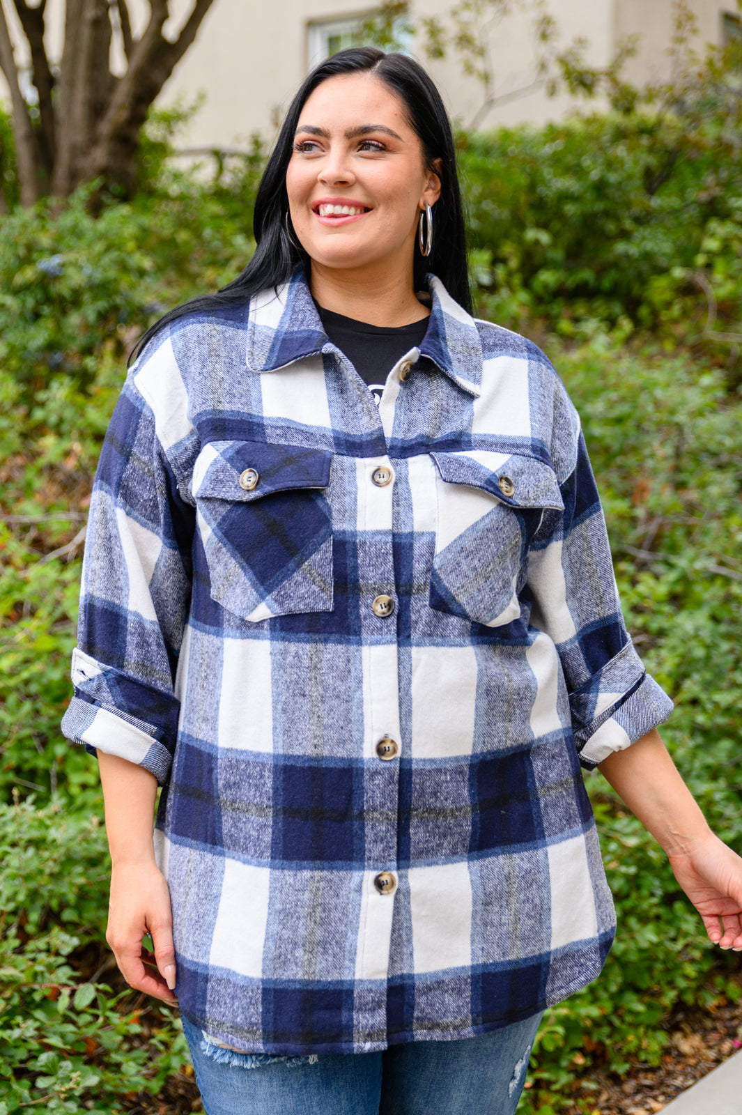 Jayne Brushed Plaid Button Down Shacket In Navy (Online Exclusive)