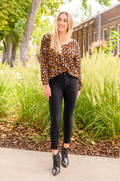 Just For Fun Long Sleeve V Neck Animal Print Top (Online Exclusive)
