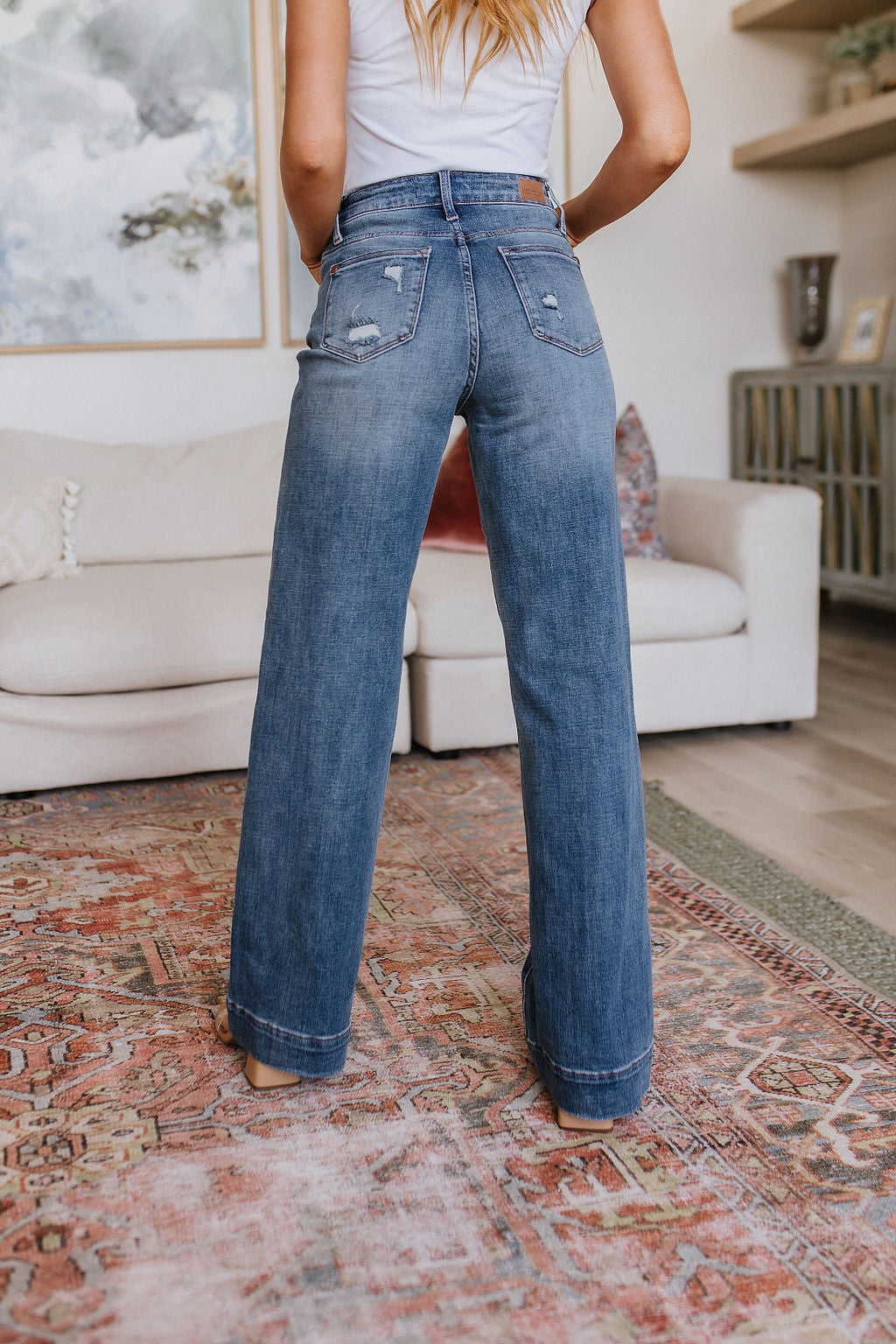 Women Wide Leg Jeans Denim Trousers Pants Side Slit Button Patchwork Two  Tone | eBay