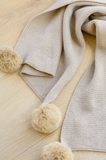 Knitted Fuzzy Pom Pom Scarf In Beige (Online Exclusive)