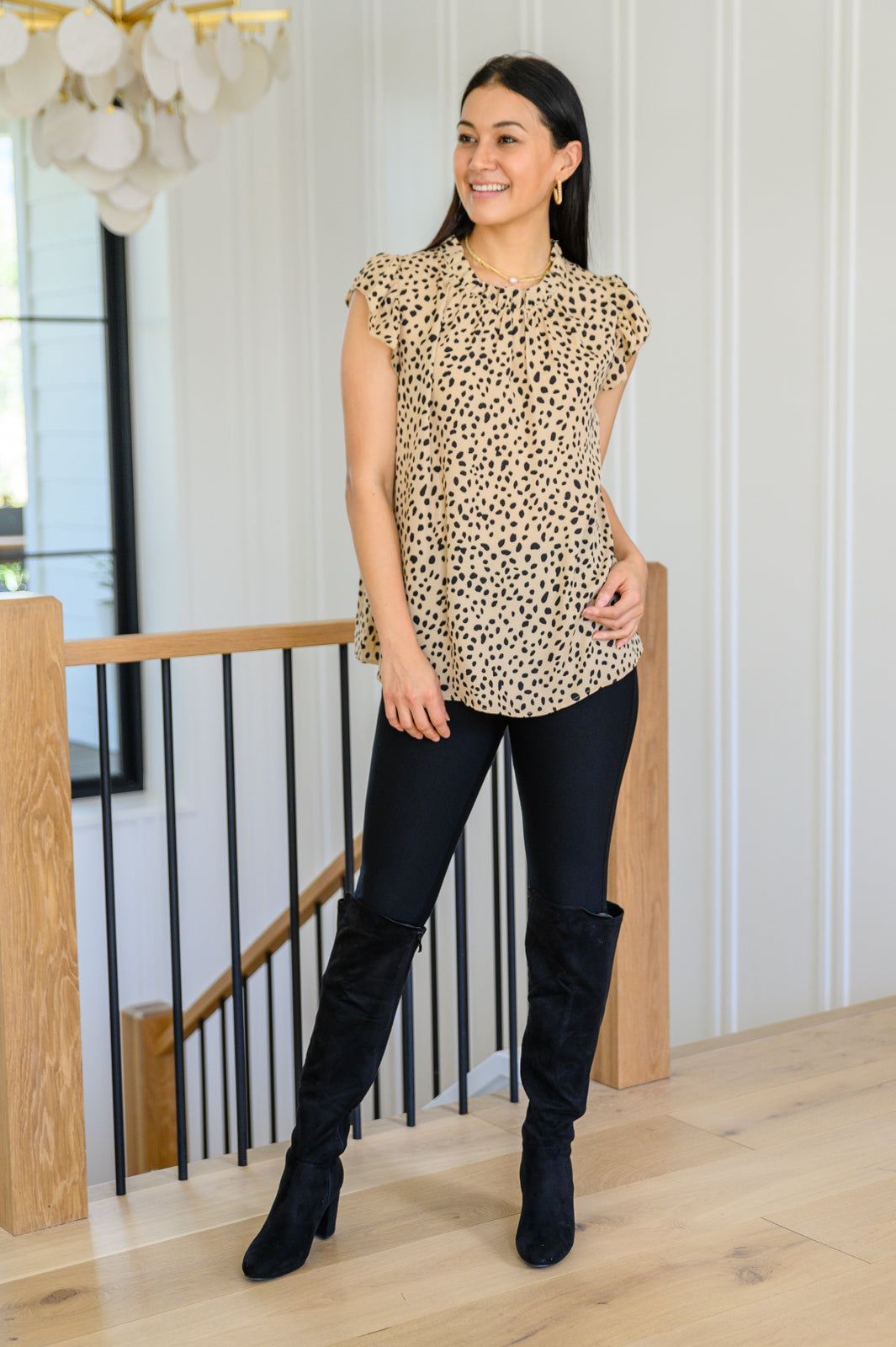 Kristen High Neck Flowy Dotted Blouse In Taupe (Online Exclusive)