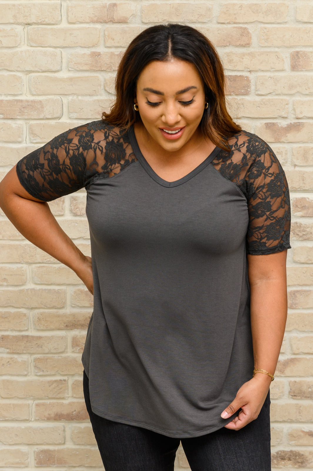 Lace Detail Short Sleeve Tee In Gray (Online Exclusive)