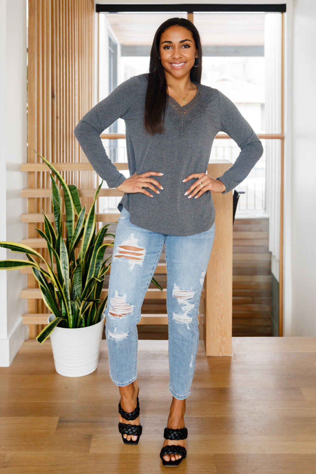 Lacey Long Sleeve V Neck In Gray (Online Exclusive)