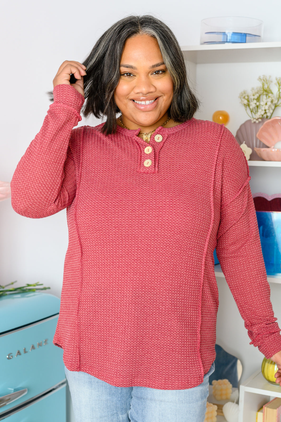 Lean Into Something Cozy Waffle Knit Top in Marsala (Online Exclusive)