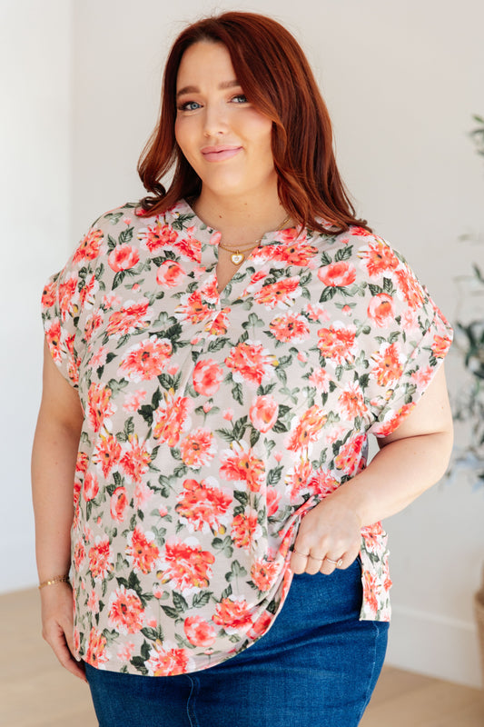 Lizzy Cap Sleeve Top in Coral and Beige Floral (Online Exclusive)