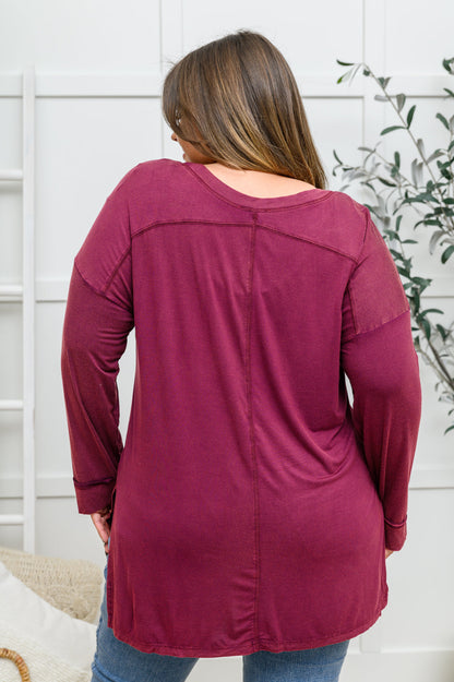 Long Sleeve Knit Top With Pocket In Burgundy (Online Exclusive)