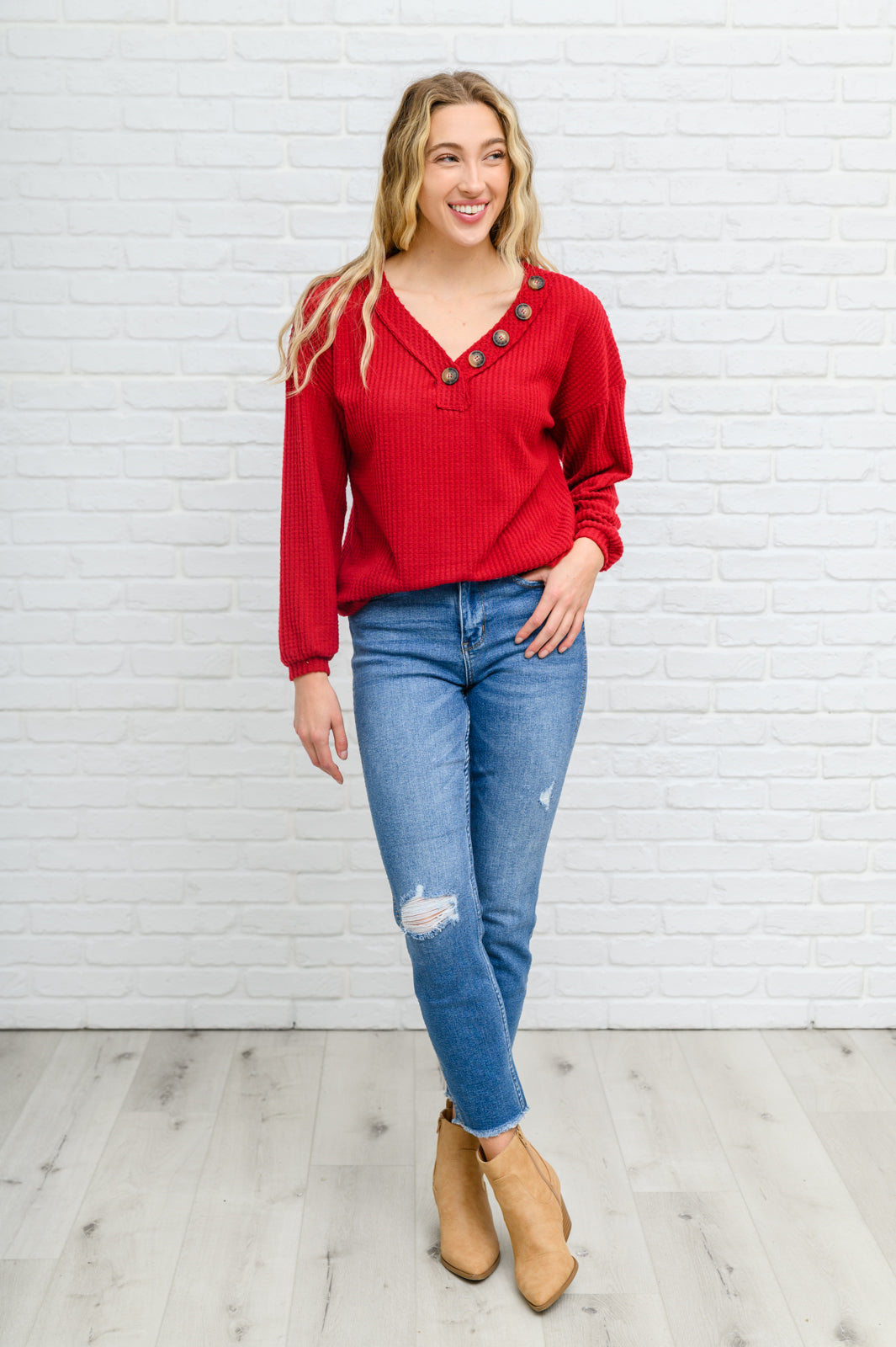 Long Sleeve Waffle Knit Top In Cranberry (Online Exclusive)