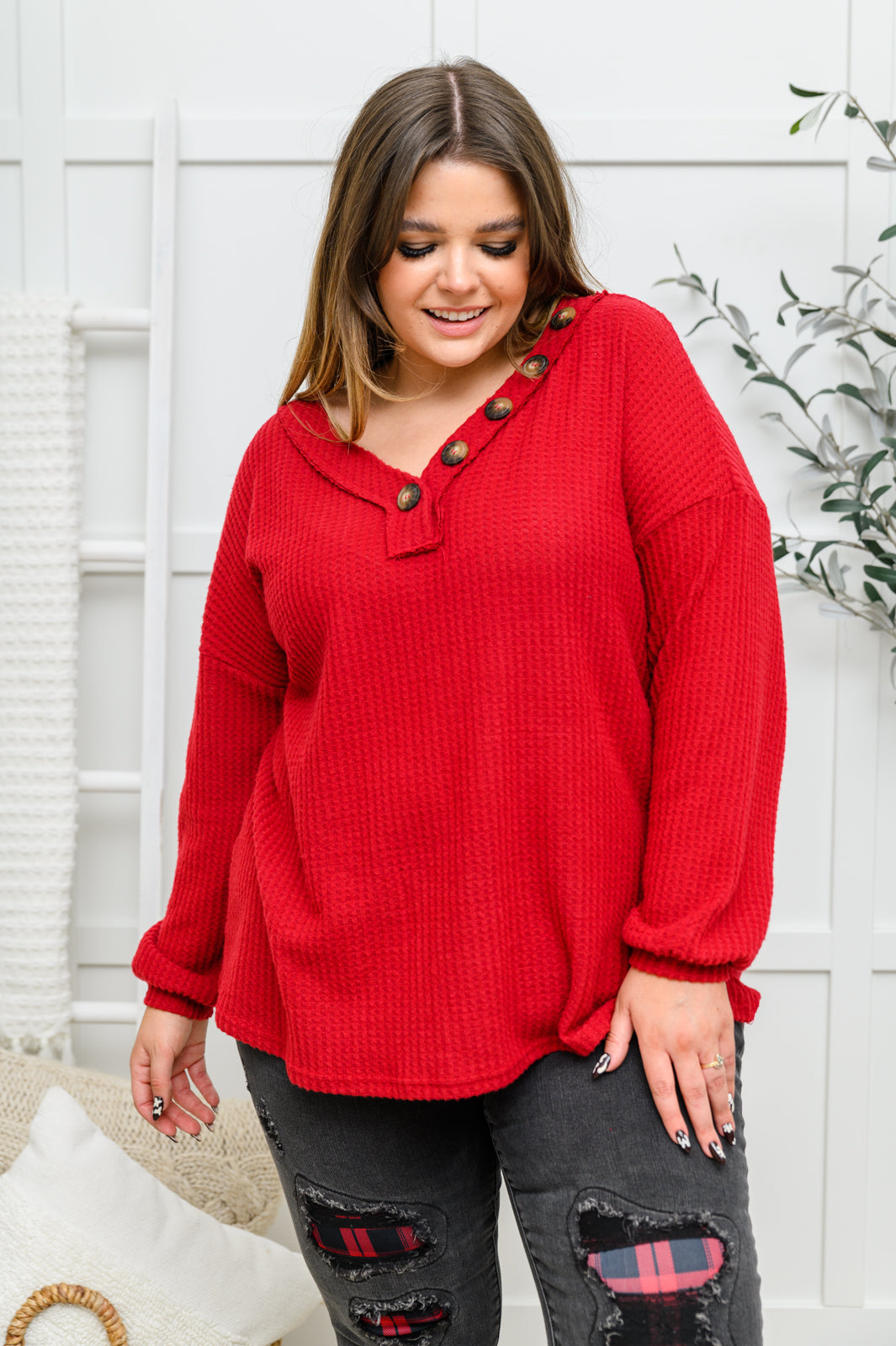 Long Sleeve Waffle Knit Top In Cranberry (Online Exclusive)