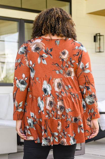 Lovely Meeting Tiered Floral Dress In Rust (Online Exclusive)