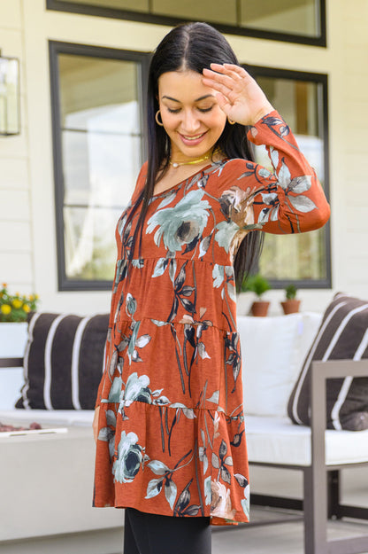 Lovely Meeting Tiered Floral Dress In Rust (Online Exclusive)