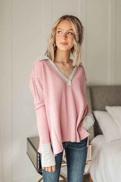 Mia Waffle Knit Long Sleeve In Pink (Online Exclusive)