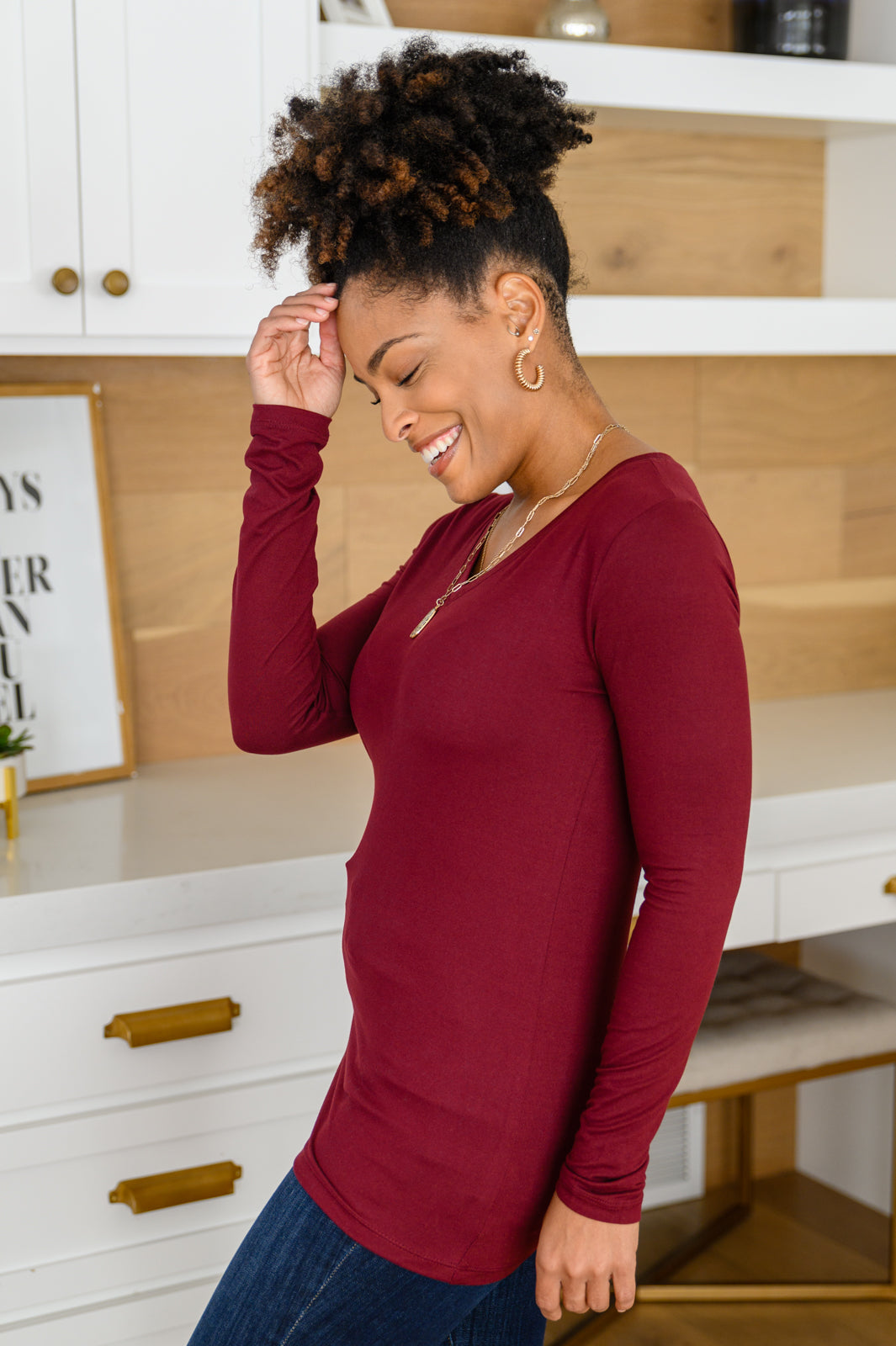 Nothing Better Long Sleeve V Neck Tee In Burgundy (Online Exclusive)