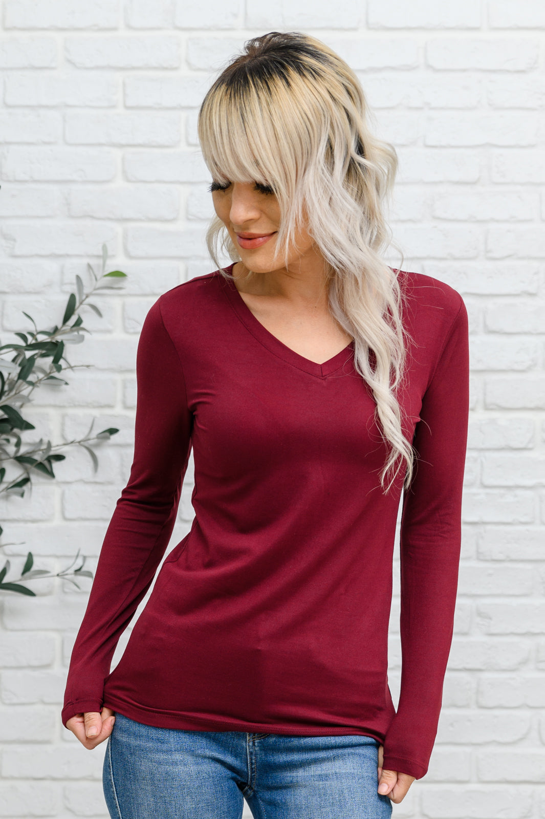 Nothing Better Long Sleeve V Neck Tee In Burgundy (Online Exclusive)