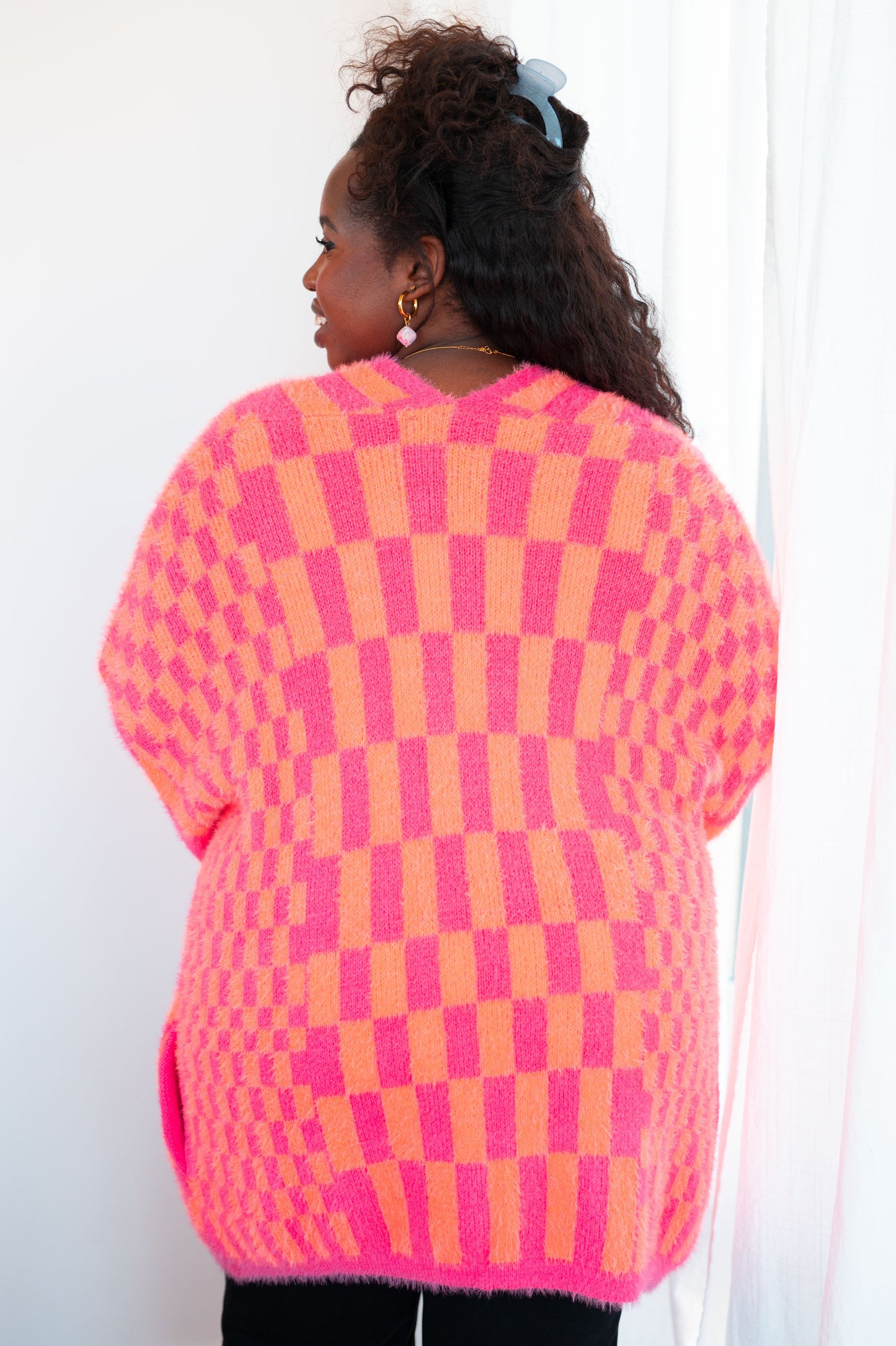 Noticed in Neon Checkered Cardigan in Pink and Orange (Online Exclusive)