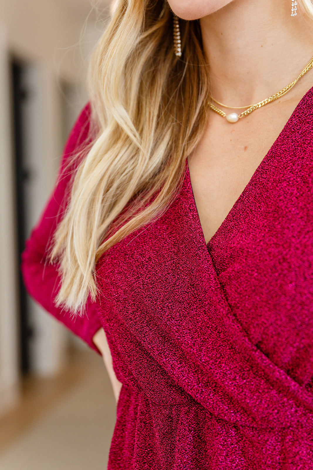 Only You Surplice Neck Sparkle Knit Dress In Magenta (Online Exclusive)