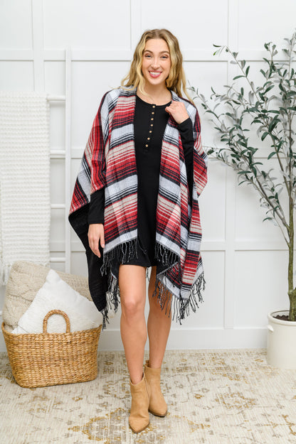Plaid Fringe Trimmed Open Poncho In Merlot (Online Exclusive)