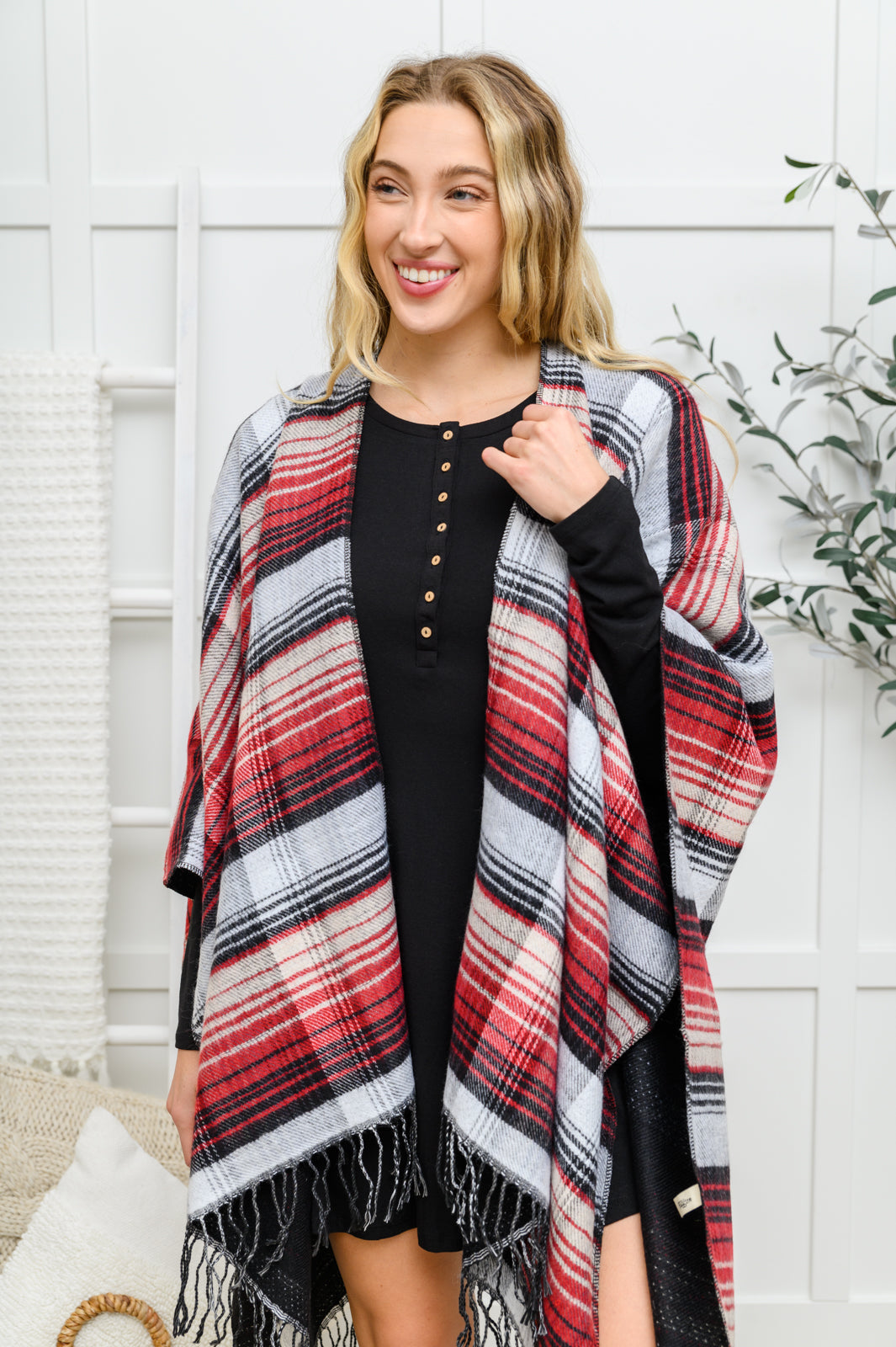 Plaid Fringe Trimmed Open Poncho In Merlot (Online Exclusive)