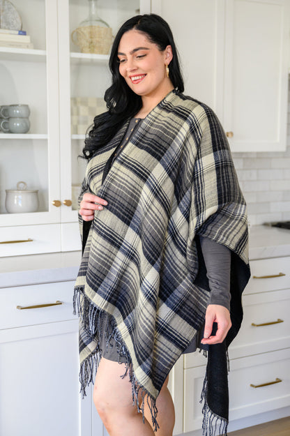 Plaid Fringe Trimmed Open Poncho in Black (Online Exclusive)