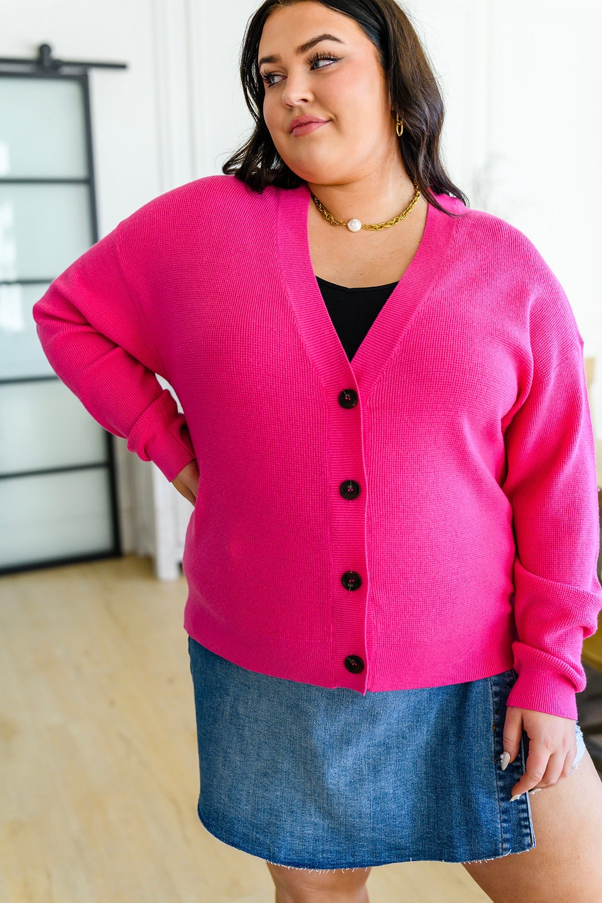 Pleasant Greetings V-Neck Cardigan in Fuchsia (Online Exclusive)
