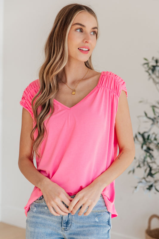 Ruched Cap Sleeve Top in Neon Pink (Online Exclusive)