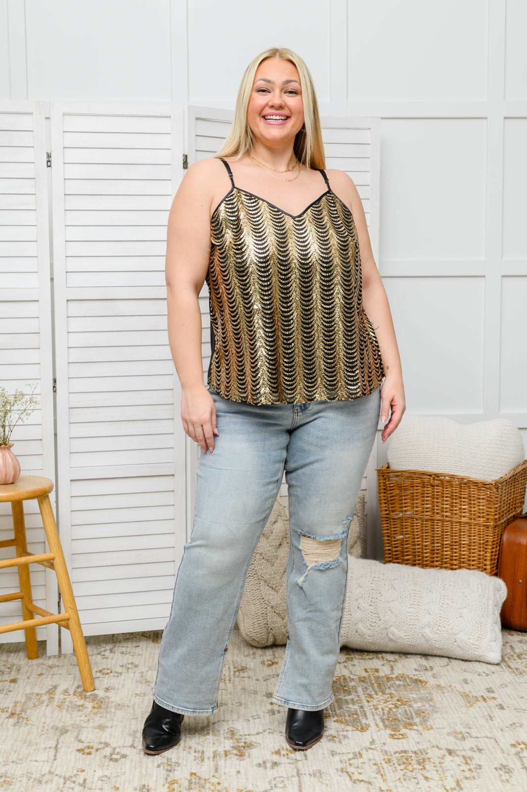 Stayin' Alive V-Neck Sequin Tank in Gold (Online Exclusive)
