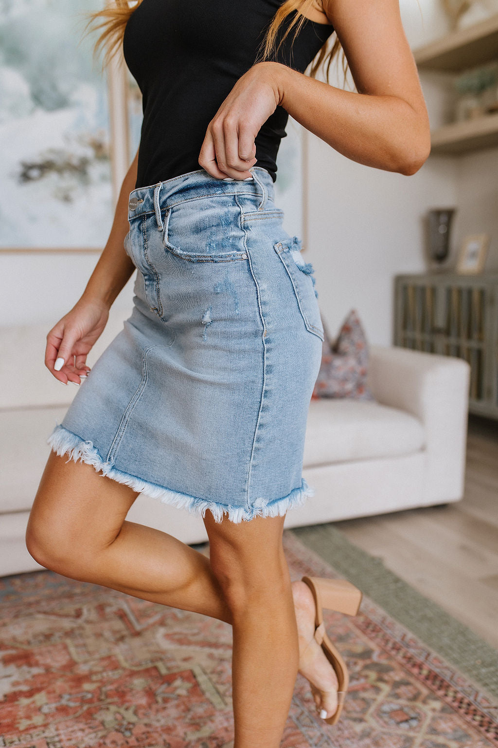 Sally Mid Rise Overlapping Distressed Denim Skort