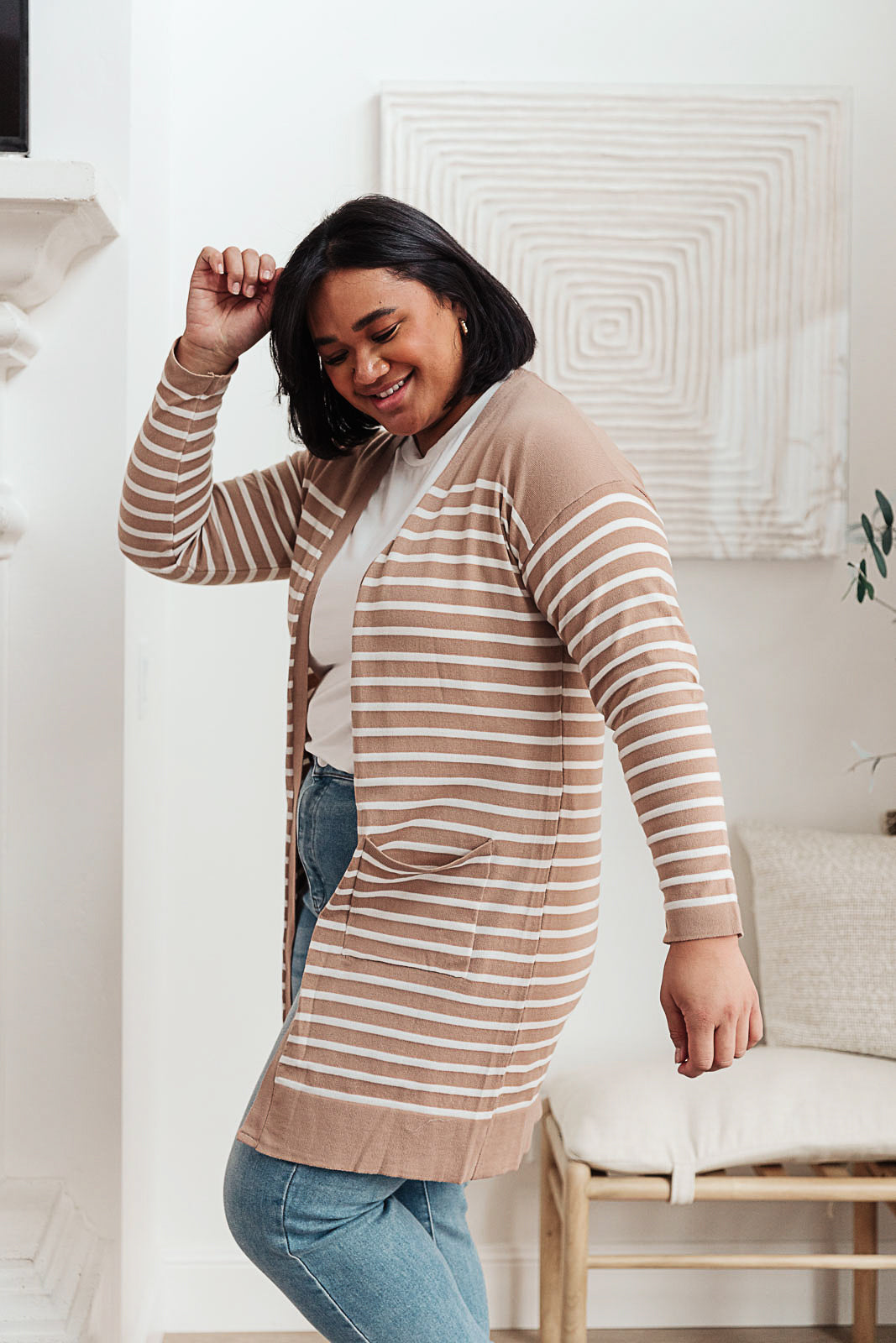 Swift Stripes Pocket Cardigan In Taupe (Online Exclusive)