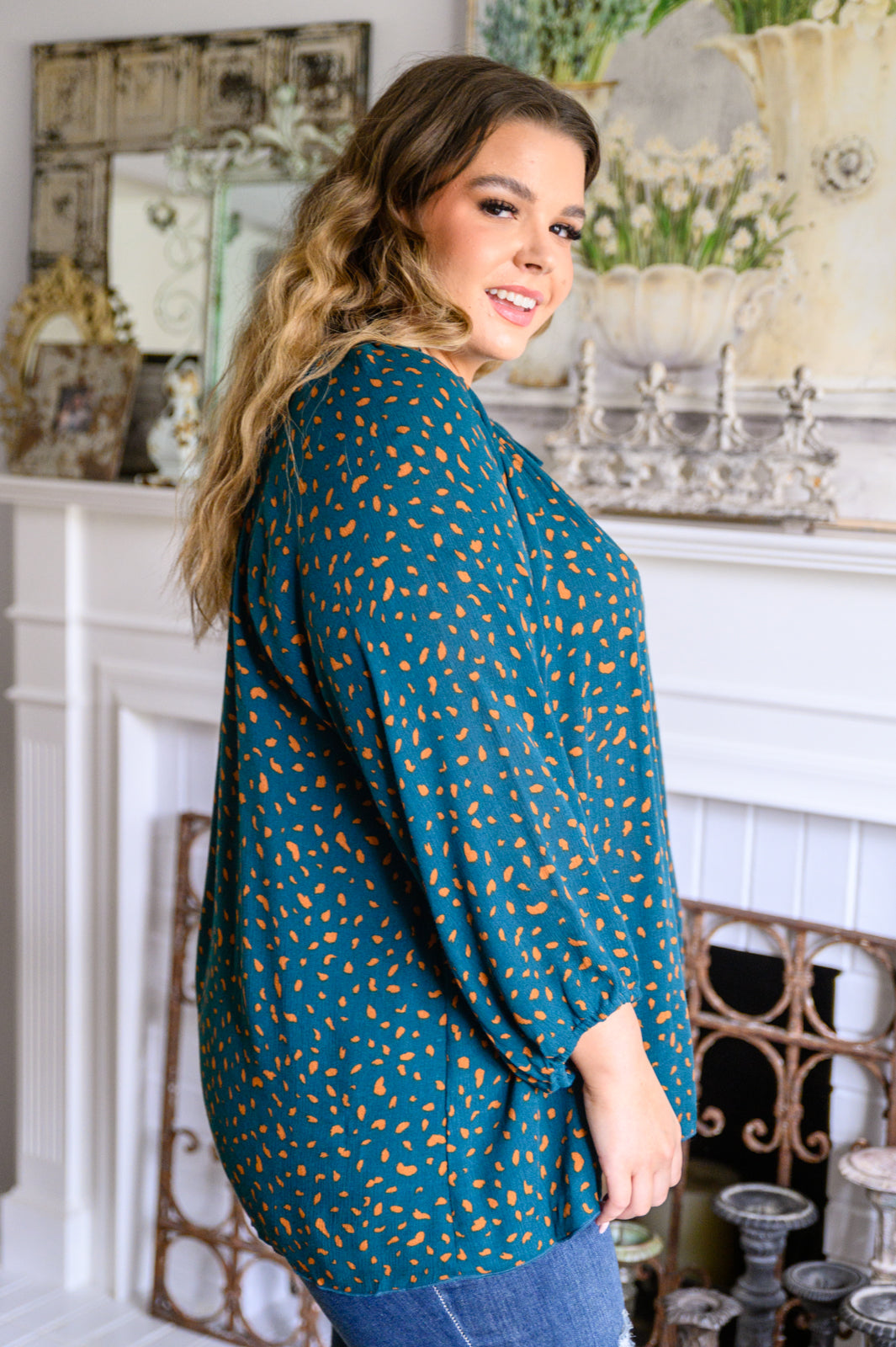 The Time Is Now Spotted Blouse In Teal (Online Exclusive)