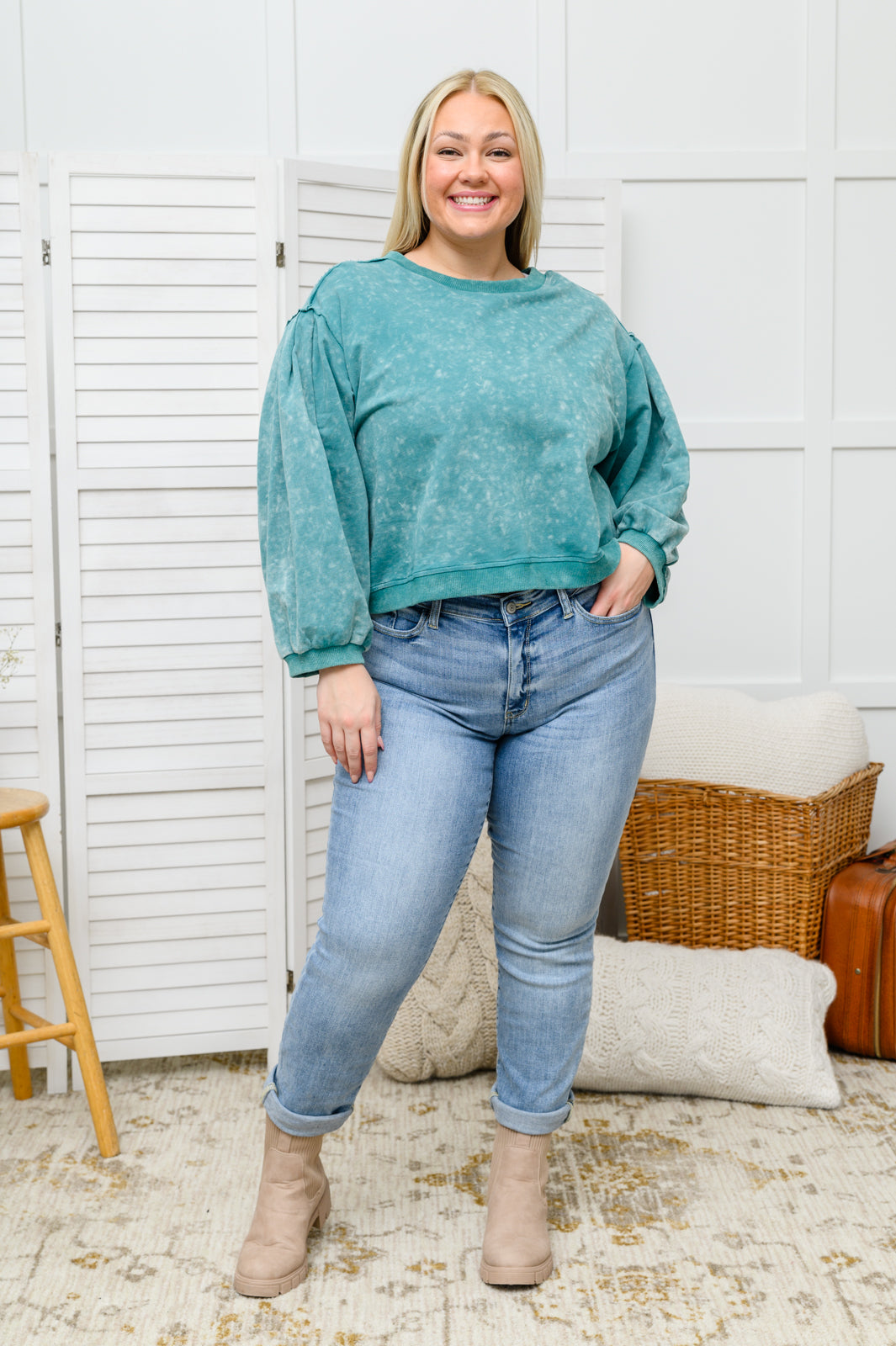Tied Up In Cuteness Mineral Wash Sweater in Teal (Online Exclusive)