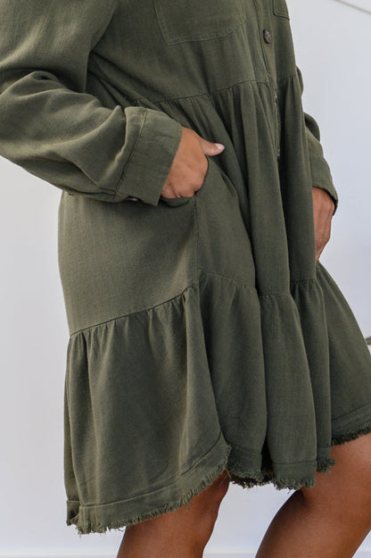 Weekend In Aspen Tiered Button Up Dress In Forest (Online Exclusive)