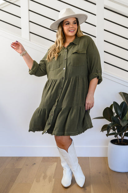 Weekend In Aspen Tiered Button Up Dress In Forest (Online Exclusive)