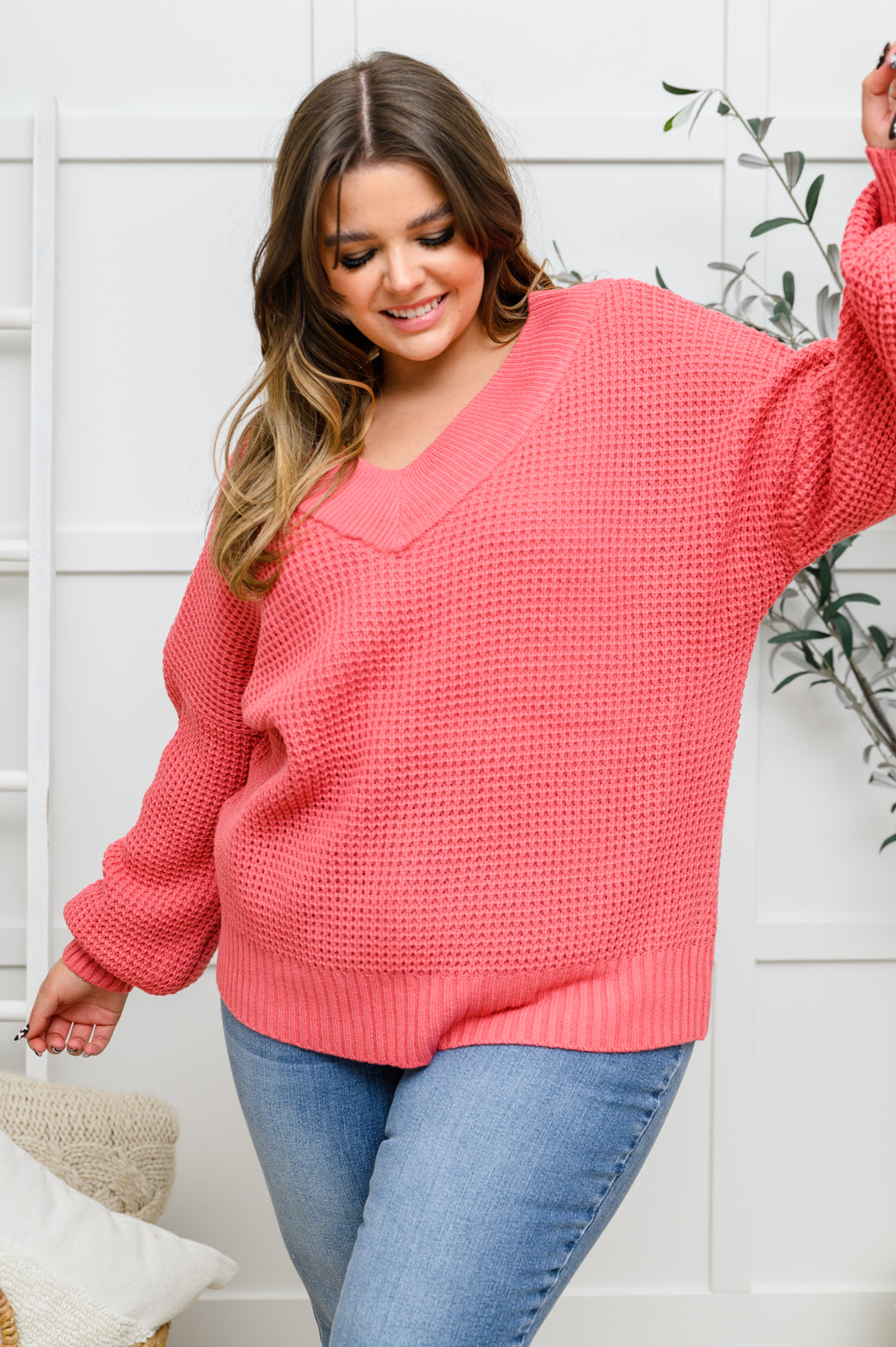 Wide V Neck Waffle Knit Sweater In Rose (Online Exclusive)