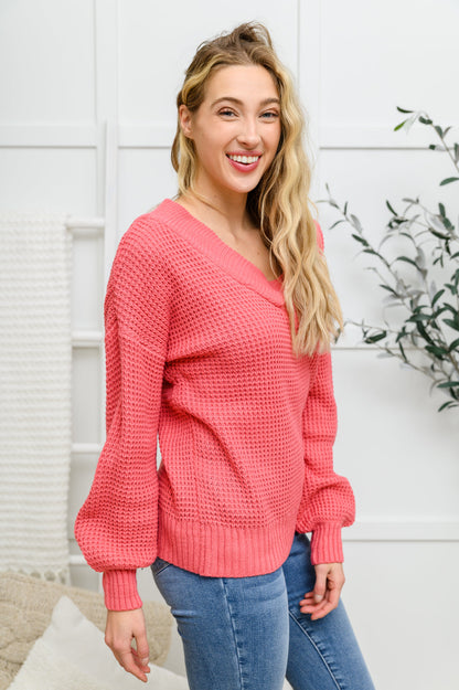 Pull en tricot gaufré à large col en V en rose (exclusivité en ligne)