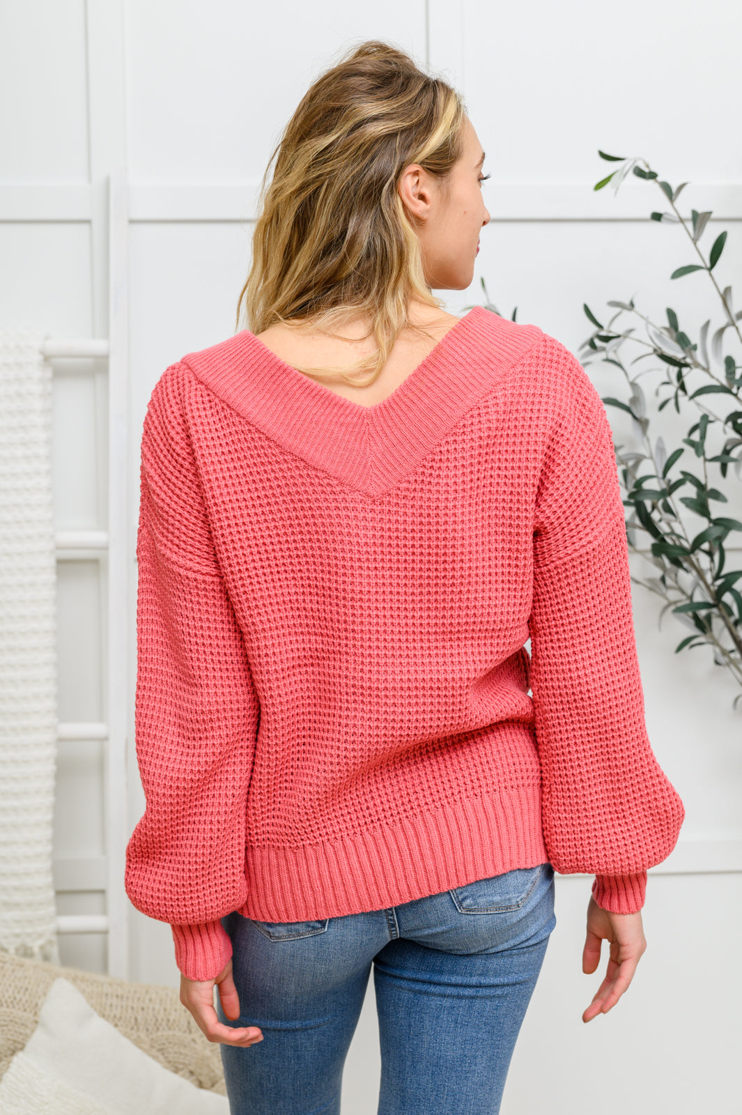 Jersey ancho de punto tipo gofre con cuello en V en rosa (exclusivo en línea)