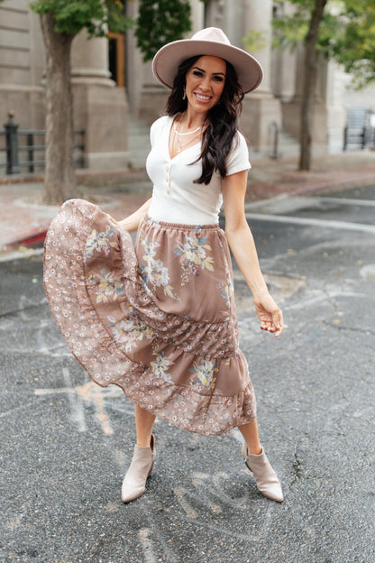 Zoe Floral Middi Skirt in Mocha (Online Exclusive)